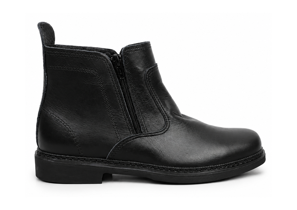 Botina Zíper Solado Látex Couro Vaqueta - Preto